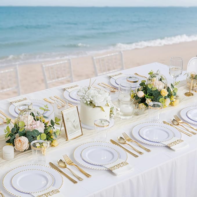 LIYH 350 Pcs White and Gold Plastic Plates - Elegant Disposable Gold Plastic Dinnerware set Include Dinner & Dessert Plates Cups Napkins for Birthday Party Wedding 50 Guests