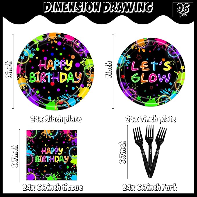 96Pcs Neon Birthday Party Decorations Party Supplies Plates and Napkins Forks for 24 Guests - Disposable Tableware Glow in the Dark Neon for Kids Baby Shower Birthday Decorations
