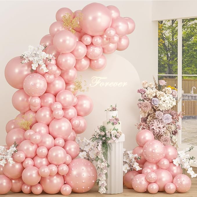 Pearl Pink Balloons With Pearl Stickers, 98PCS Pearl Peach Double Stuffed Balloons Garland Arch Kit, 18/12/10/5 inch Different Size Balloons for Wedding Bridal Baby Shower Engagement Decorations