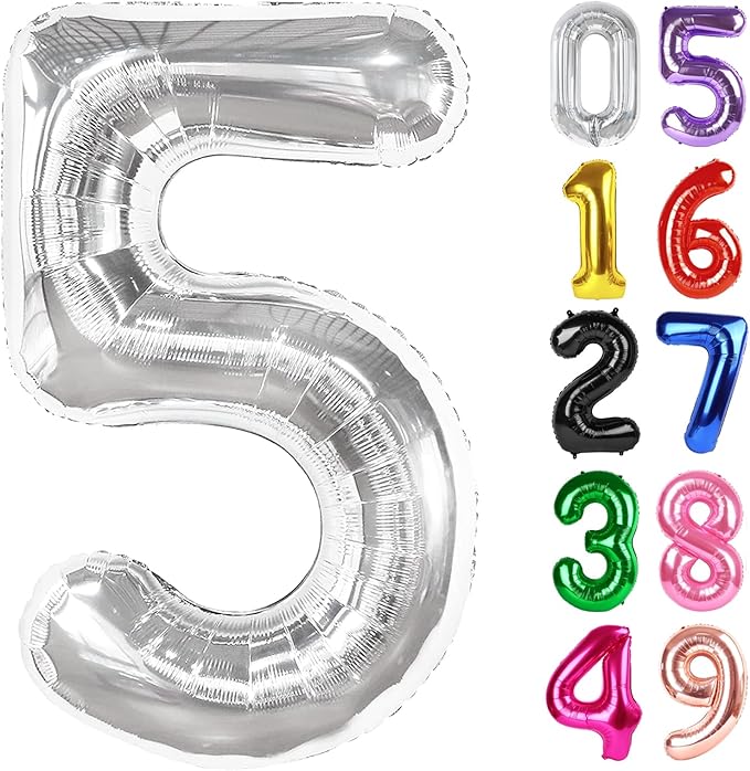 Silver Number 5 Balloon 40 Inch, 5th Birthday Party Decorations for Children, Giant 5 Foil Balloon for Party Supplies