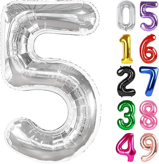 Silver Number 5 Balloon 40 Inch, 5th Birthday Party Decorations for Children, Giant 5 Foil Balloon for Party Supplies