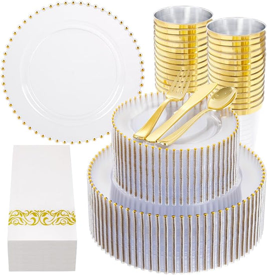 LIYH 350 Pcs Clear Plastic Plates - Gold Rim Plastic Dinnerware Set Elegant Disposable Plates Include Dinner & Dessert Plate Cups Gold Silverware Wedding Napkins for Birthday Party Wedding 50 Guests