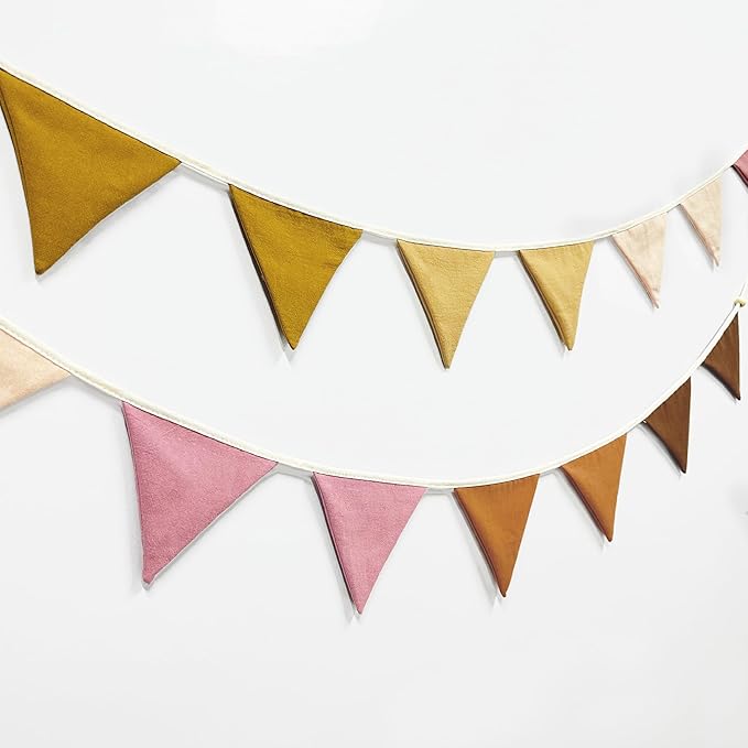 2 Sets of Yellow Dusty Pink Brown Nursery Garland 24pcs Linen Fabric Baby Banner Triangle Pennant Flags Streamers for Kids Girls Birthday Boho Baby Shower Party Decorations Baby Bedroom Nursery Decor