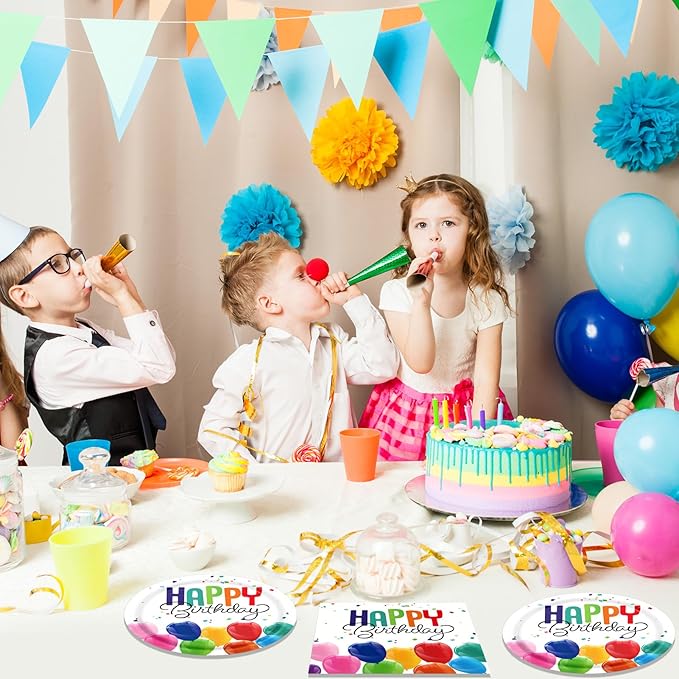 Happy Birthday Decorations Birthday Party Supplies Set with Birthday Balloon Confetti Design Includes Birthday Plates and Napkins Disposable Paper Tableware Set for Boys/Girls Party Supplies