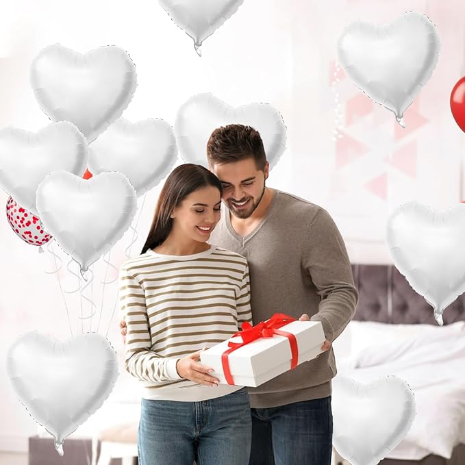 Biapian White Heart Balloons Helium, 10PCS White Foil Heart Shape Balloons Valentines 18inch Metallic White Foil Balloon for Helium Valentine Decorations for White Wedding, Brithday Party, Anniversary