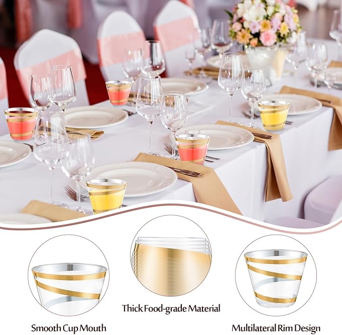 Gejoy 9 oz Rimmed Swirl Plastic Cups Disposable Wine Drinking Cups Clear Elegant Halloween Tumblers for Christmas Party Supplies(Gold,24 Pcs)
