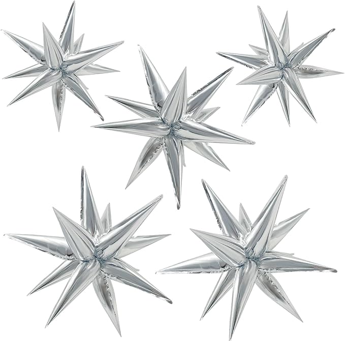 60Pcs Silver Star Balloons Birthday Decorations Explosion Mylar Balloons 12 Spike Balloon Large Foil Prom Balloon for Wedding Anniversary Christmas New Year Eve Party Backdrops Supplies