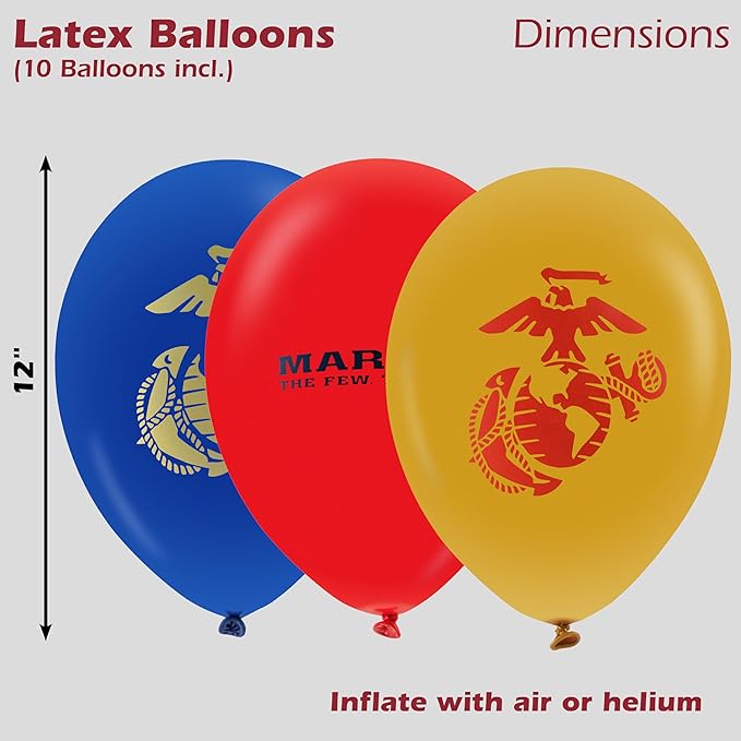 U.S. Marines Party Balloons (10pcs) 12” Latex Balloons in Red, Gold, and Blue with contrasting print on 2 sides. Officially Licensed by the U.S.Marines - Made in Italy - by Havercamp.