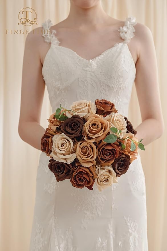 TINGE TIME Artificial Flowers Combo Box Set 16PCS Fake Rose Silk Flower with Stem for DIY Wedding Bouquets Centerpieces Baby Shower Party Home Fall Decoration (Gradient Burnt Orange)