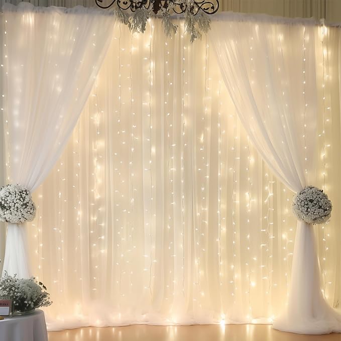 10ft x 10ft White Backdrop Curtain with Lights String for Parties, Sheer Tulle Wedding Photo Backdrops Drapes for Baby Shower Birthday Party Decorations Background for Photography