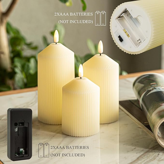 Flameless Candles with Remote, 3 Pack Battery Operated Candles Real Wax LED Fake Pillar Candles with Timer Flickering Battery Candle for Wedding Home Party, Ivory