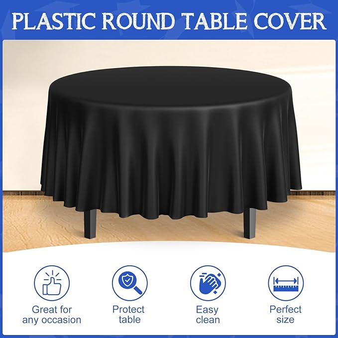 MASHAN 12 Pcs Blue Black White Plastic Tablecloths Bulk,84 Inch Disposable Round Party Table Cloth Waterproof Table Cover for Birthday Wedding Anniversary Graduation Party Decorations Supplies
