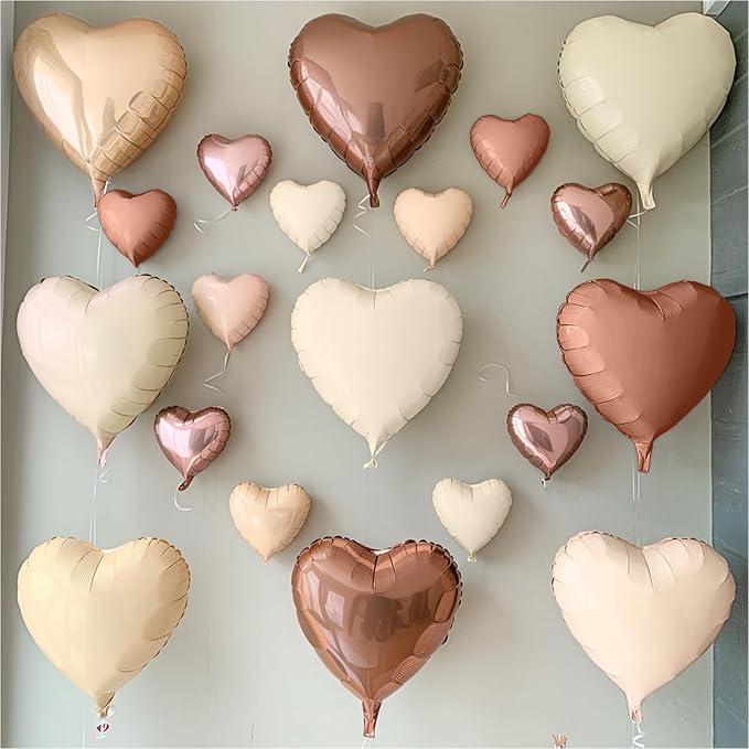 Cream Brown Heart Balloons, 19PCS Brown Apricot Heart Shape Balloon, 18Inch with 10Inch Cream Beige Coffee Helium Nude Neutral Love Balloon for Girls Boho Birthday Baby Shower Wedding Decoration