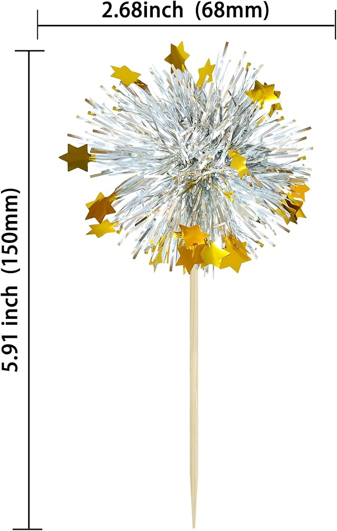 Ephlyn 30Pcs Foil Firework Cupcake Toppers Sparkle Tinsel Cupcake Picks Happy Birthday Cake Decorations Drink Stirrers Cocktail Food Fruit Toothpicks for Baby Shower Graduation Party Supplies Silver