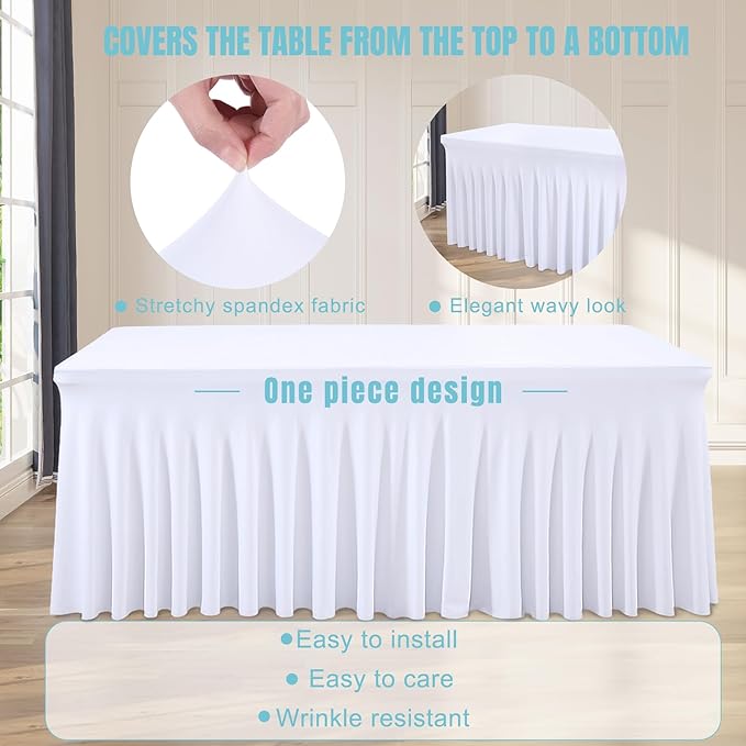 1 Pack White Table Clothes for 8 Foot Rectangle Tables, One-Piece Wrinkle Resistant Stretch Spandex Table Covers with Skirt for Event Banquet Wedding Birthday Party