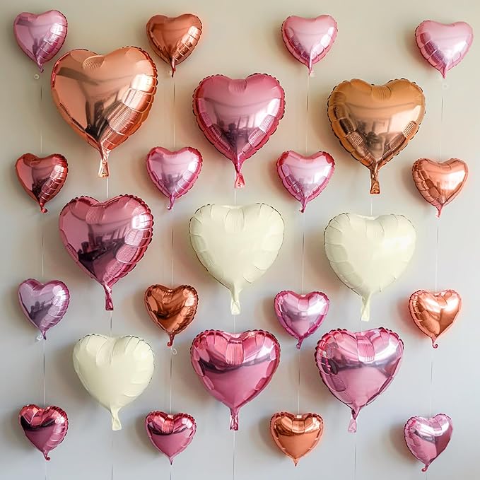 Pink White Heart Balloons, 19PCS Rose Gold and White Heart Shape Balloon, 18Inch with 10Inch Pearl Pink White Helium Foil Love Balloon for Girls Birthday Bridal Shower Wedding Valentine Decorations
