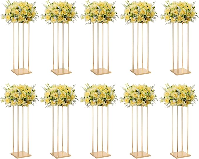 10 Pcs Tall Wedding Elegant Metal Flower Centerpieces, 23.6" Gold Flower Stand Vase Display Column for Wedding Event Reception Table, Wedding Geometric Vases for Party Table, Home Décor