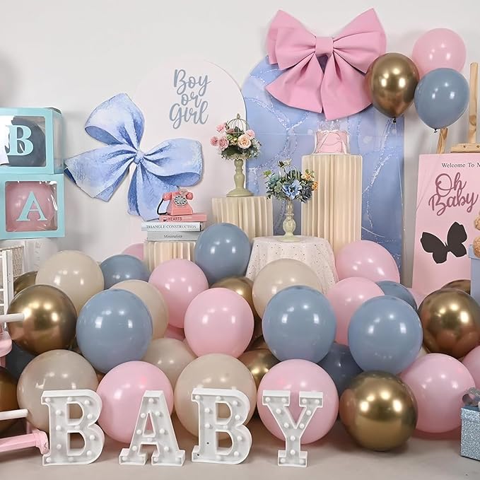 Gender Reveal Balloons, 60 Pcs 12 Inch Dusty Blue Pink Balloons, Chrome Gold Sand White Balloon for Boho Gender Reveal Engagement Bachelorette Birthday Baby Shower Bridal Bear Theme Party Decorations