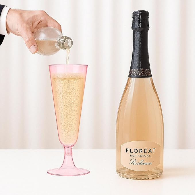 100 Pack Pink Clear Plastic Champagne Flutes, 5 Oz Disposable Champagne Glasses, Unbreakable Acrylic Mimosa Glasses Wedding Cocktail Cups for Engagement Birthday Graduation Party Decorations Supplies