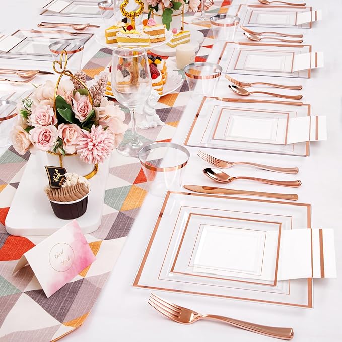Festiva 350Pcs Rose Gold Plastic Plates - Clear Rose Gold Disposable Dinnerware Sets for 50Guests include 100 Plates 50 Cups 50Plastic Cutlery 50Napkins for Christmas Party&Wedding&Mother's Day