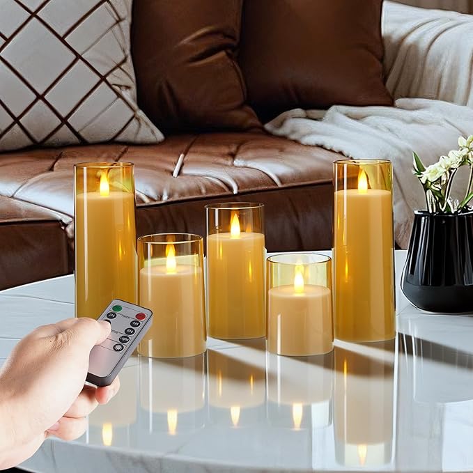 Homemory Realistic Flickering Flameless Candles, Battery Operated Candles with Remote Control and Timer, LED Fake Electric Candle for Home, Christmas Decoration, Gold, Set of 5