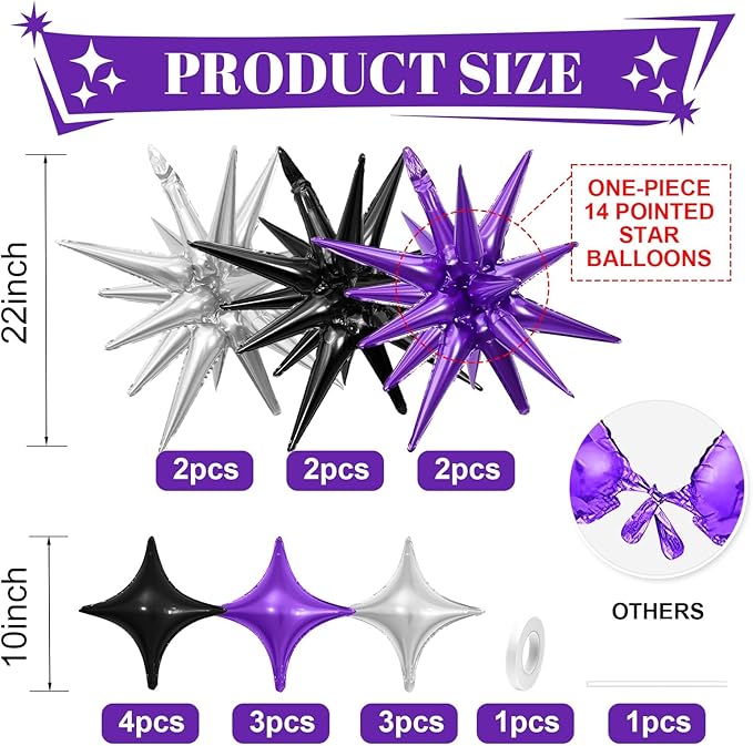 Black Purple Silver Star Balloon,6Pcs 22Inch Explosion Star Balloons and 10Pcs 10Inch Four Angle Balloons Kit for Halloween Birthday Anniversary Graduation Baby Shower Wedding Party Decorations