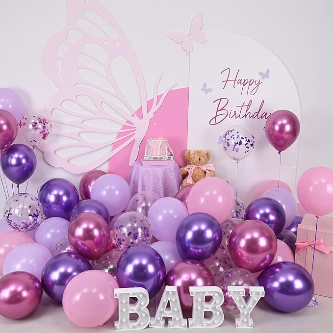 Togvu Purple Pink Balloons, 60 Packs 12 Inch Metallic Purple Pink Confetti Balloons, Lavender and Light Pink Latex Balloons with Ribbon for Girls Women Birthday Wedding Baby Shower Party Decoration