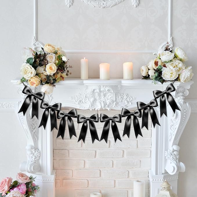 1 String of 8PCS Black Bow Garland Banner Decoration,Pre-Strung Satin Ribbon Ornaments for Birthday,Bachelorette Party,Bridal Shower,Wedding,Engagement,Baby Shower,Graduation Decor,Anniversary