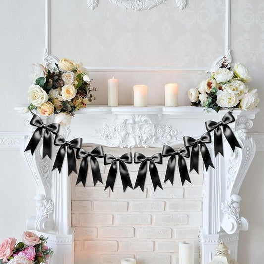 1 String of 8PCS Black Bow Garland Banner Decoration,Pre-Strung Satin Ribbon Ornaments for Birthday,Bachelorette Party,Bridal Shower,Wedding,Engagement,Baby Shower,Graduation Decor,Anniversary