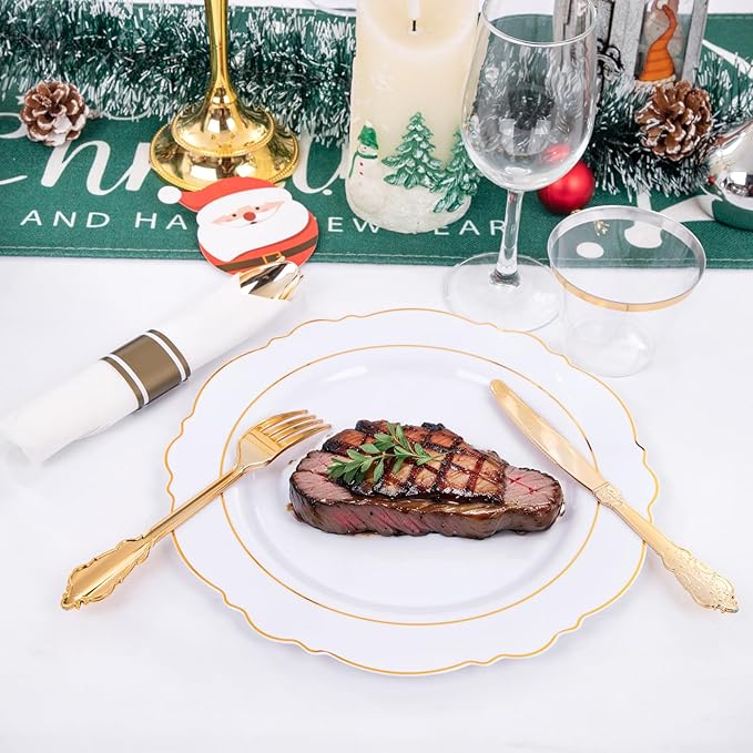 Liacere 350PCS Gold Plastic Plates-Disposable White and Gold Plates 50guest Baroque Plastic Dinnerware include 100Plates, 50Pack Pre Rolled Napkins with Silverware 50Cups for Wedding&Thanksgiving