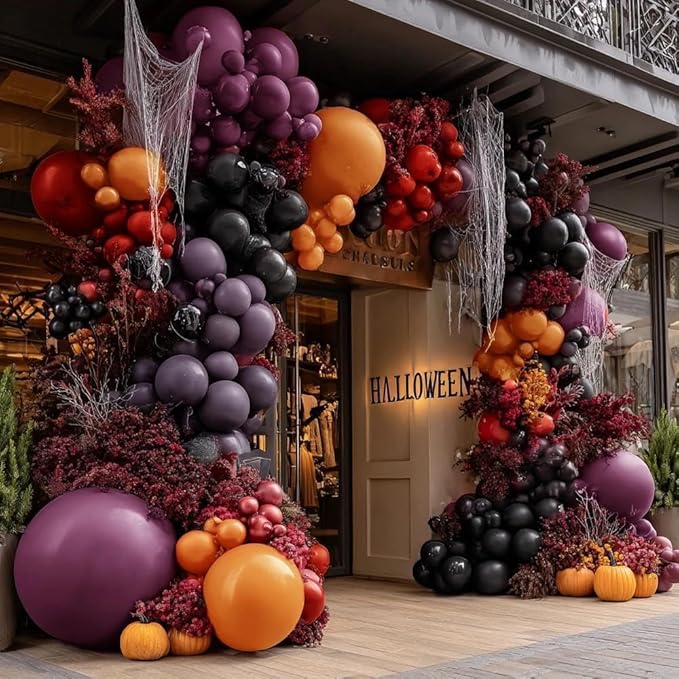 Halloween Balloon Arch Double Stuffed Black Purple Orange Balloons Burgundy Red Dark Mauve Plum Balloon Garland for Birthday Festival Baby Shower Indoor Outdoor Halloween Party Decorations