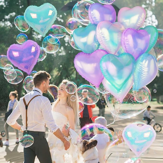Iridescent Heart Balloons, 12Pcs 18Inch Transparent Crystal Heart Foil Balloon, Gradient Iridescent Pink Purple Green Balloon for Girls Women Princess Mermaid Birthdays Wedding Easter Party Decoration