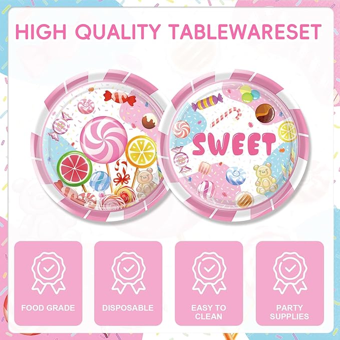 96Pcs Candyland Party Supplies Candy Lollipop Tableware Set Plates Napkins Forks Serves 24 Guests Sweet Dessert Candyland Baby Shower Birthday Party Decorations