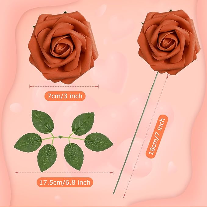100 Pieces Artificial Foam Rose Flowers Faux Bouquet with Leaves and Stems for DIY Wedding Bouquets Centerpieces Bridal Shower Party Valentine Home Decorations(Orange)