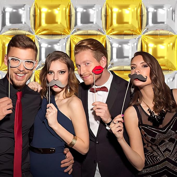 NISOCY 25PCS Metallic Silver Gold Square Foil Balloons Wall Backdrop Double Sided Chrome Gold Silver Balloons Arch Kit for New Year Anniversary Graduation Birthday Engagement Bridal Party Decorations