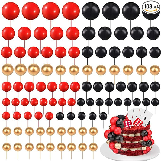 108 Pcs Balls Cake Topper DIY Cupcake Insert Foam Balloons for Cake Baking Wedding Anniversary Birthday Decoration(Red, Black, Gold,Multi Sizes)