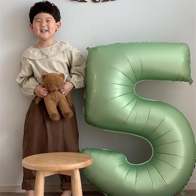 40 Inch Sage Green Foil Balloon Number 4, Large Self Inflating Olive Green Number Balloons 0-9 Helium Balloons Set for Girls Boys 4th Birthday Women Anniversary Jungle Safari Party Decoration Supplies