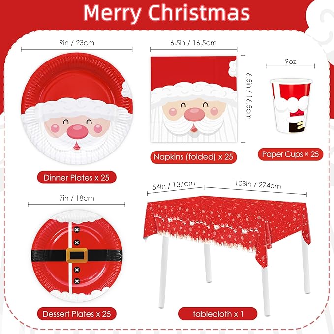 100 Christmas Party Paper Plates Napkins and Cups Set Santa Claus Disposable Dinnerware Set