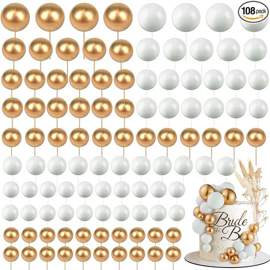 108 Pcs Balls Cake Topper DIY Cupcake Insert Foam Balloons for Cake Baking Wedding Anniversary Birthday Decoration(White, Gold,Multi Sizes)
