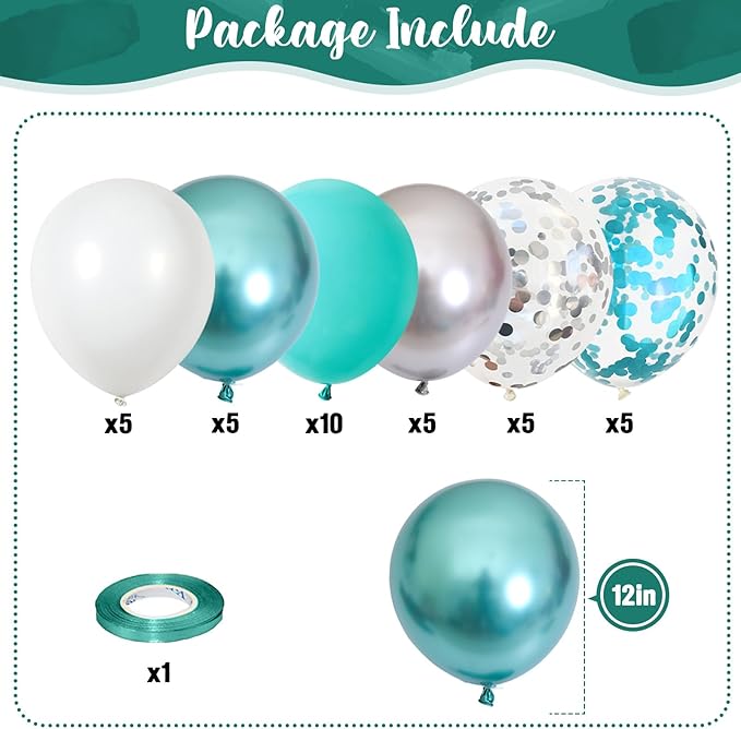 Teal Blue Silver Balloons, 35Pcs Turquoise Light Blue Mint Green Silver White Confetti Latex Balloons Set, Aqua Blue White Silver for Boys Christening Birthday Baby Shower Wedding Party Decorations