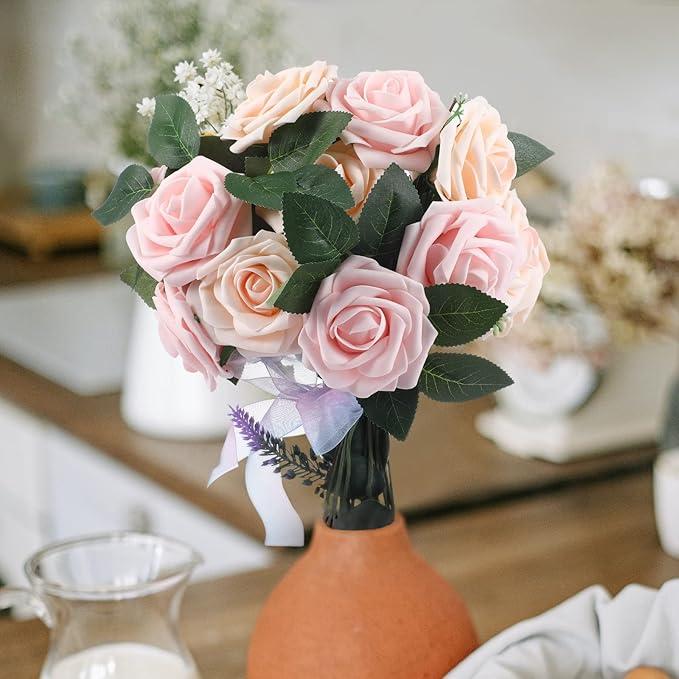 100 Pieces Artificial Foam Rose Flowers Faux Bouquet with Leaves and Stems for DIY Wedding Bouquets Centerpieces Bridal Shower Party Valentine Home Decorations(Pink, Champagne)