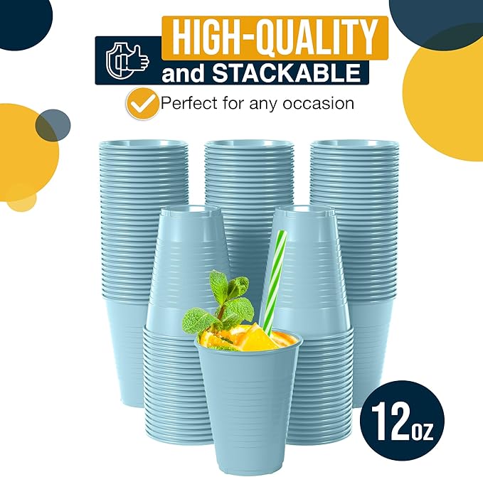 Exquisite Party Solids 12 Oz Light Blue Plastic Cups For Party Supplies 50 Pack | Light Blue Disposable Cups Plastic | Disposable Drinkware For Parties, Events & Everyday