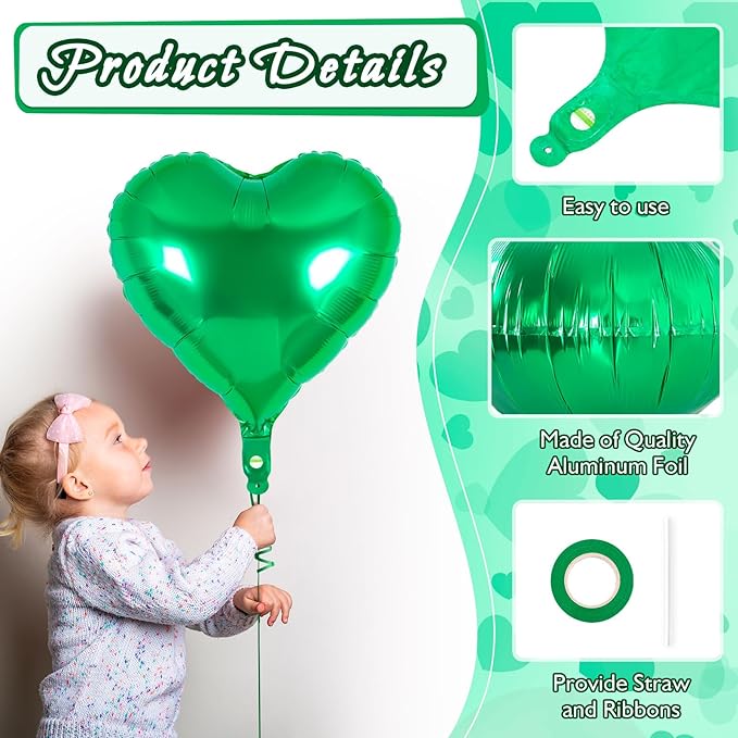 12 Pcs Heart Balloons,18 Inch Green Heart Foil Balloons Love Balloon Valentine Balloon for Birthday Party Wedding Engagement Party Baby Shower Valentine Day Decorations (green)