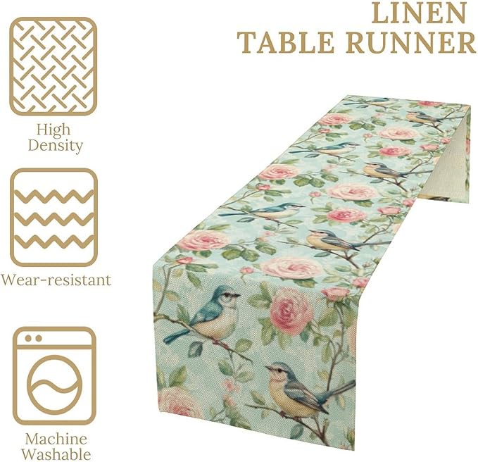 Spring Bird Floral Table Runner,Birds Table Runner Burlap Table Decoration for Seasonal Home Kitchen Dining Dinner Indoor Holiday Farmhouse Decor 13x60 in