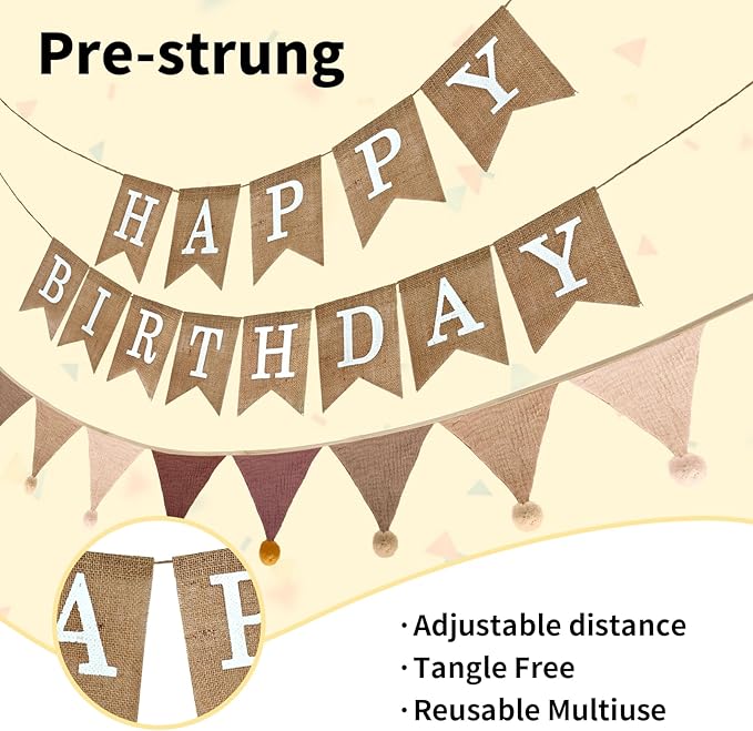 Burlap Happy Birthday Banner with Pennant Banner Flags for Birthdays Decorations, Brown Burlap Happy Birthday Signs Bunting for Men Women Boys Girls kids Neutral Celebration Party Backdrops