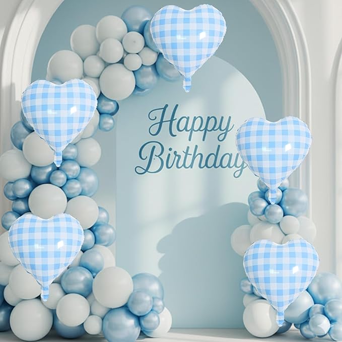 Blue White Checkered Heart Balloons, 10 Pcs Light Blue Grid Heart Shape Balloon, 18 Inch Lattice Foil Valentines Balloons for Kids Boys Birthday Wedding Valentines Bridal Baby Shower Party Decorations