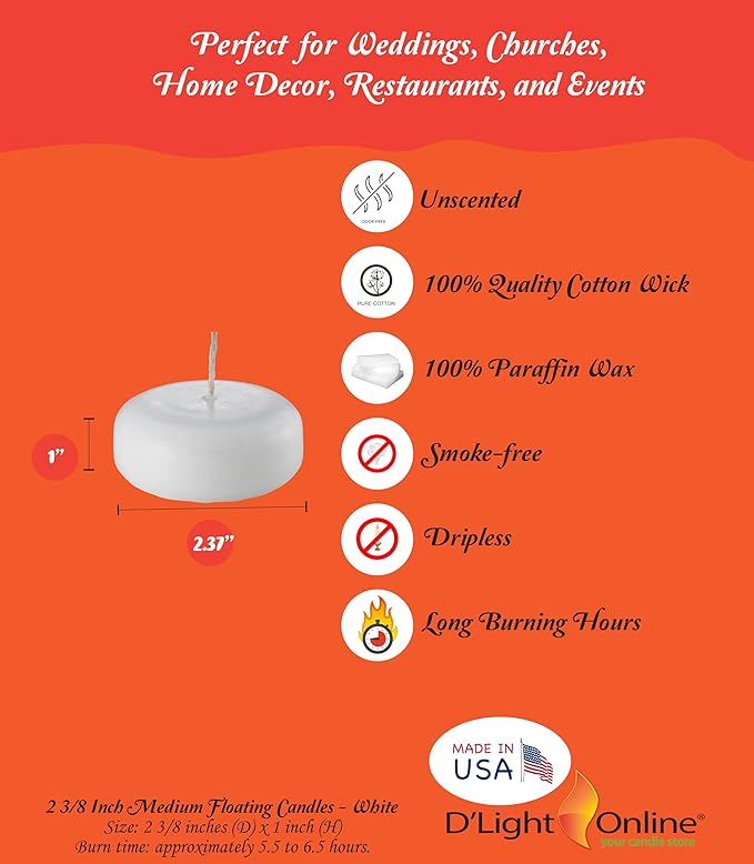 D'light Online Medium Floating Candles 2 3/8 Inch Bulk Pack for Events Floating Candles for Weddings, Spa, Home Decor, Special Occasions and Holiday Decor (Set of 96, White)