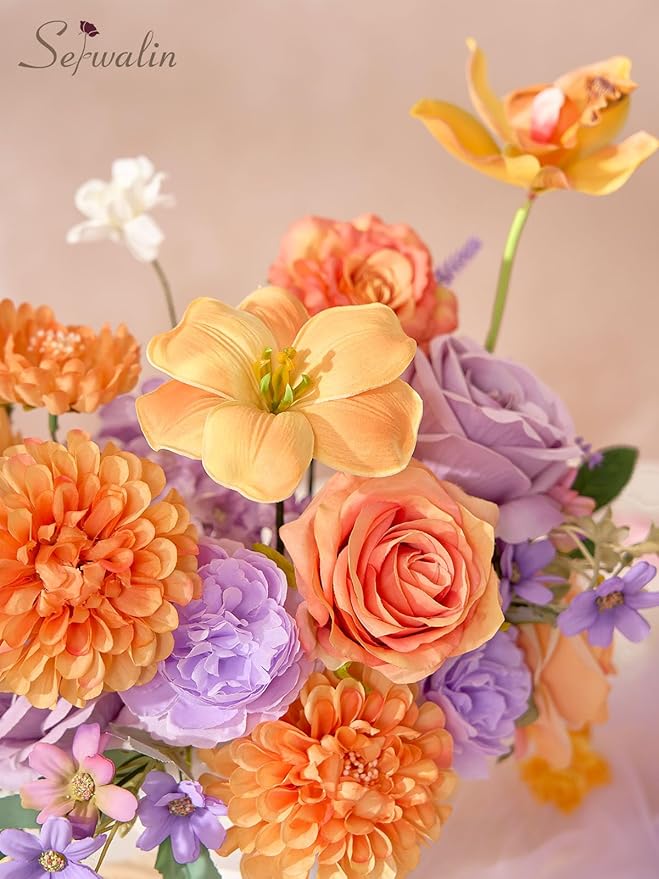 Serwalin Artificial Orange & Purple Flowers, Silk Fake Flowers Stems for Wedding Bouquets DIY, Baby Shower Centerpieces, Cake Decor, Birthday Party & Home Decor