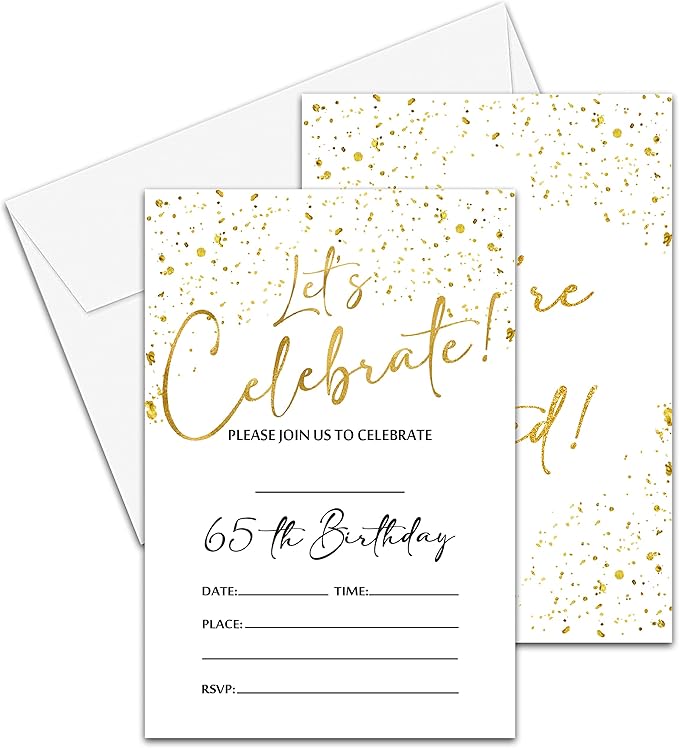 65th Birthday Invitations Cards, 4"x 6" White and Gold Confetti Birthday Party Invites with Envelopes for Party Decorations Supplies(20 Pieces) -D16