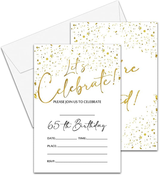 65th Birthday Invitations Cards, 4"x 6" White and Gold Confetti Birthday Party Invites with Envelopes for Party Decorations Supplies(20 Pieces) -D16
